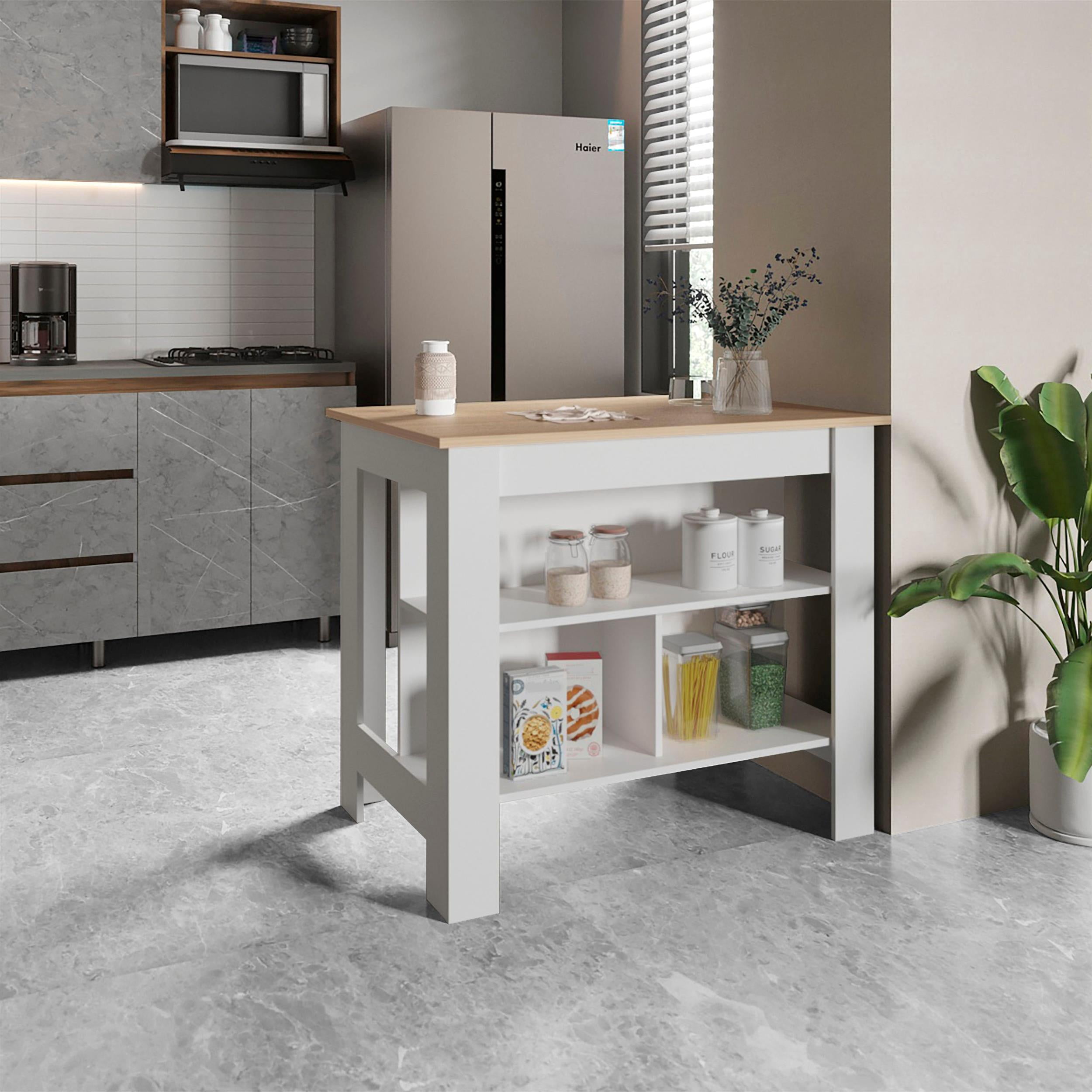 Cortes Kitchen Island 2-Tier Shelf 40" Width and large Work Top White - Light Pine