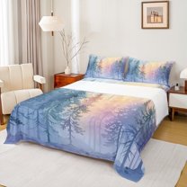 Manfei Jungle Tree Plant Queen Sheet Sets, Watercolor Artwork Flat Sheet, Teen Boy Kid Child Queen Fitted Sheet, Microfiber Bedroom Decor, 4 Pieces