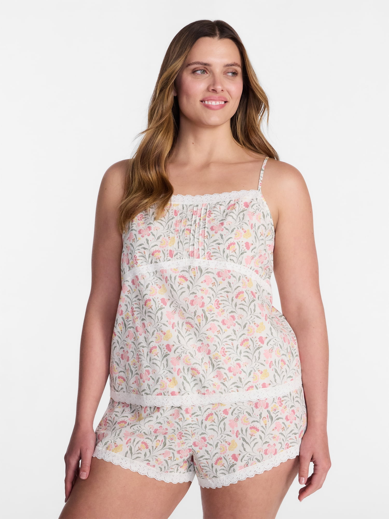 Joyspun Women's Sleep Cotton Cami and Shorts Set with Lace Trim, Sizes XS-3X