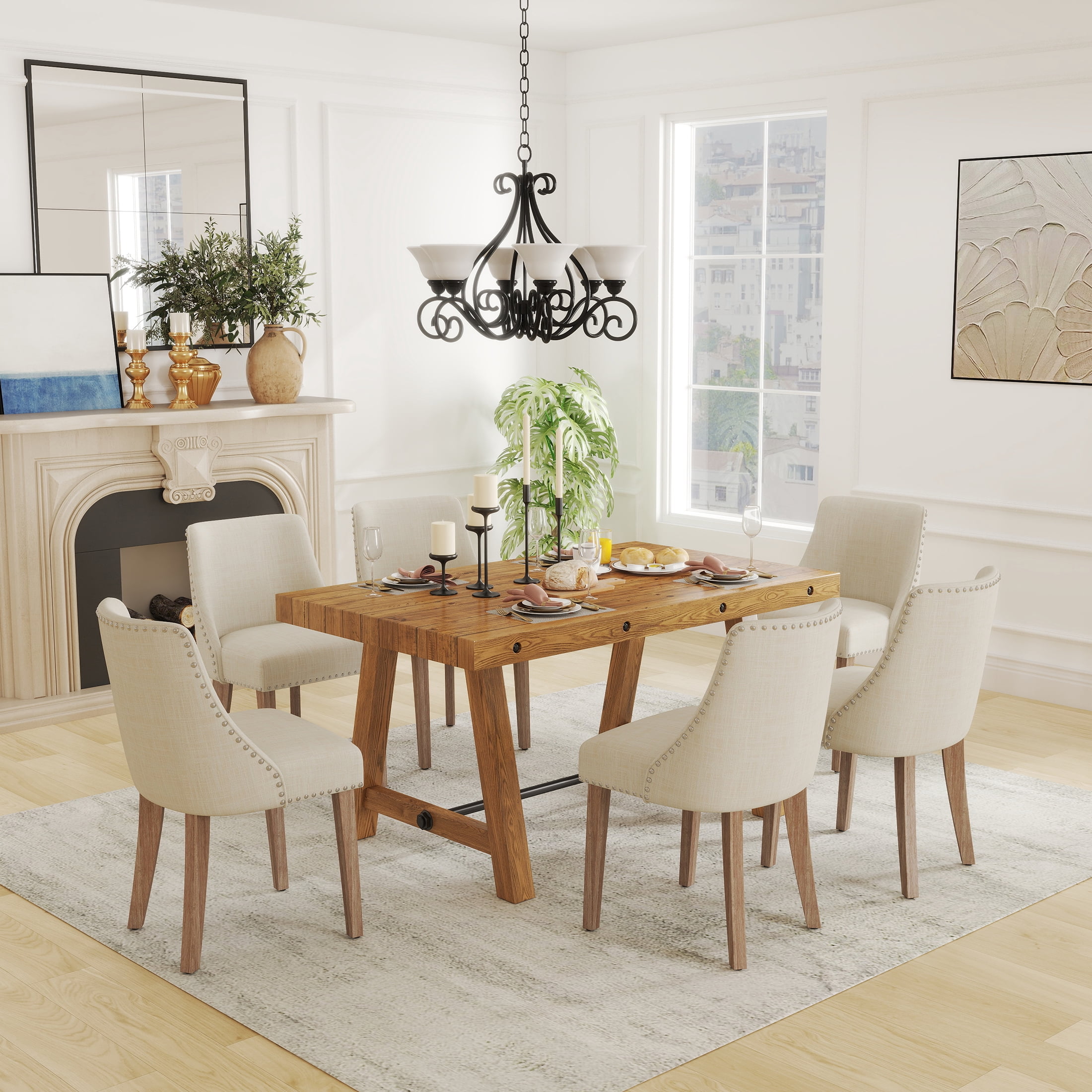 Guyou 59" Dining Table for 4-6 People, Farmhouse Rectangular Kitchen Table, Solid Wood Rustic Dinner Table for Dining Room Kitchen, Walnut