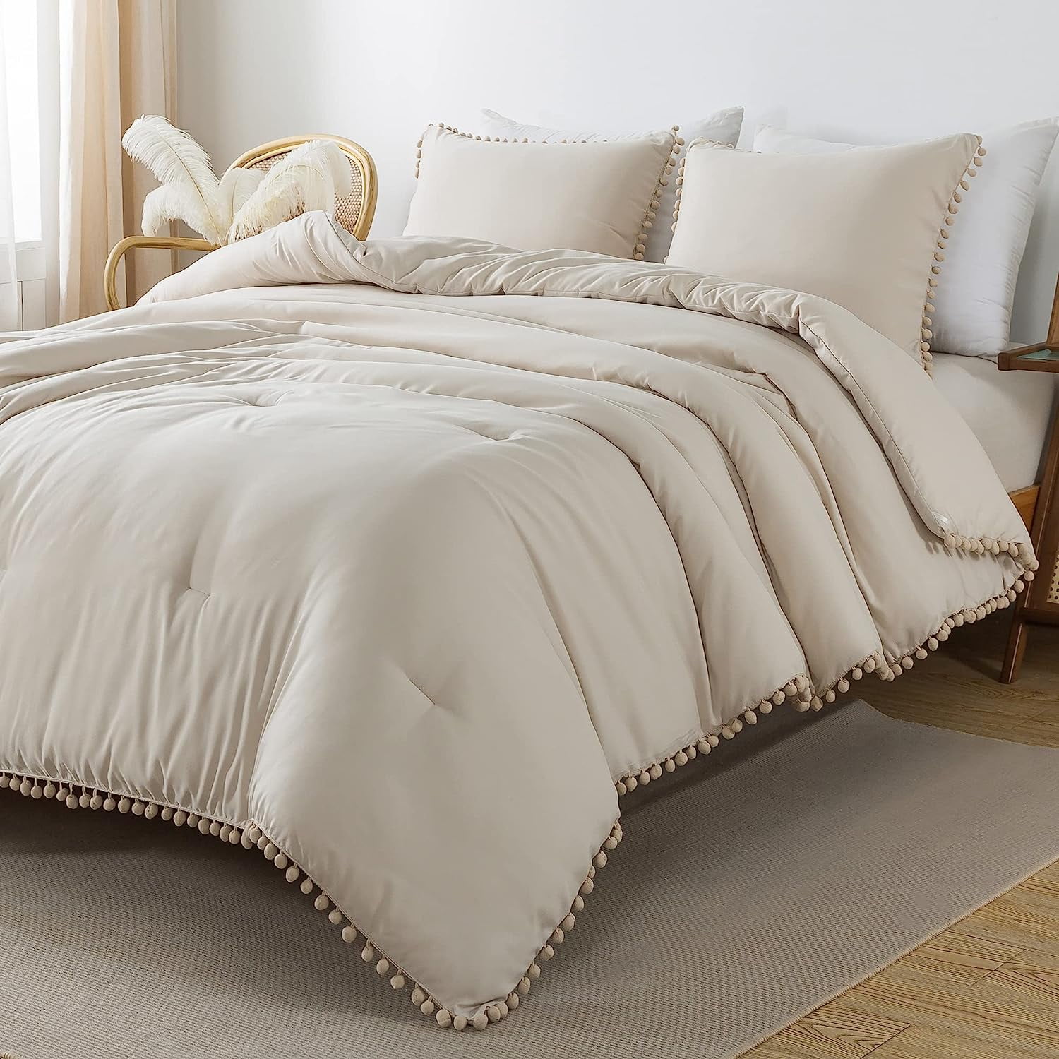 BOTUI Sage Green Pom Pom Fringe Comforter Full(79x90 Inch), 3 Pieces(1