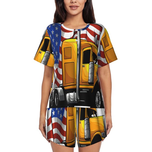 Fotbe American Truck Conjunto de Pijama Estampado para Mujer, 2 Piezas, Ropa de Dormir con Camiseta de Manga Corta y Shorts Suaves-XX-Large