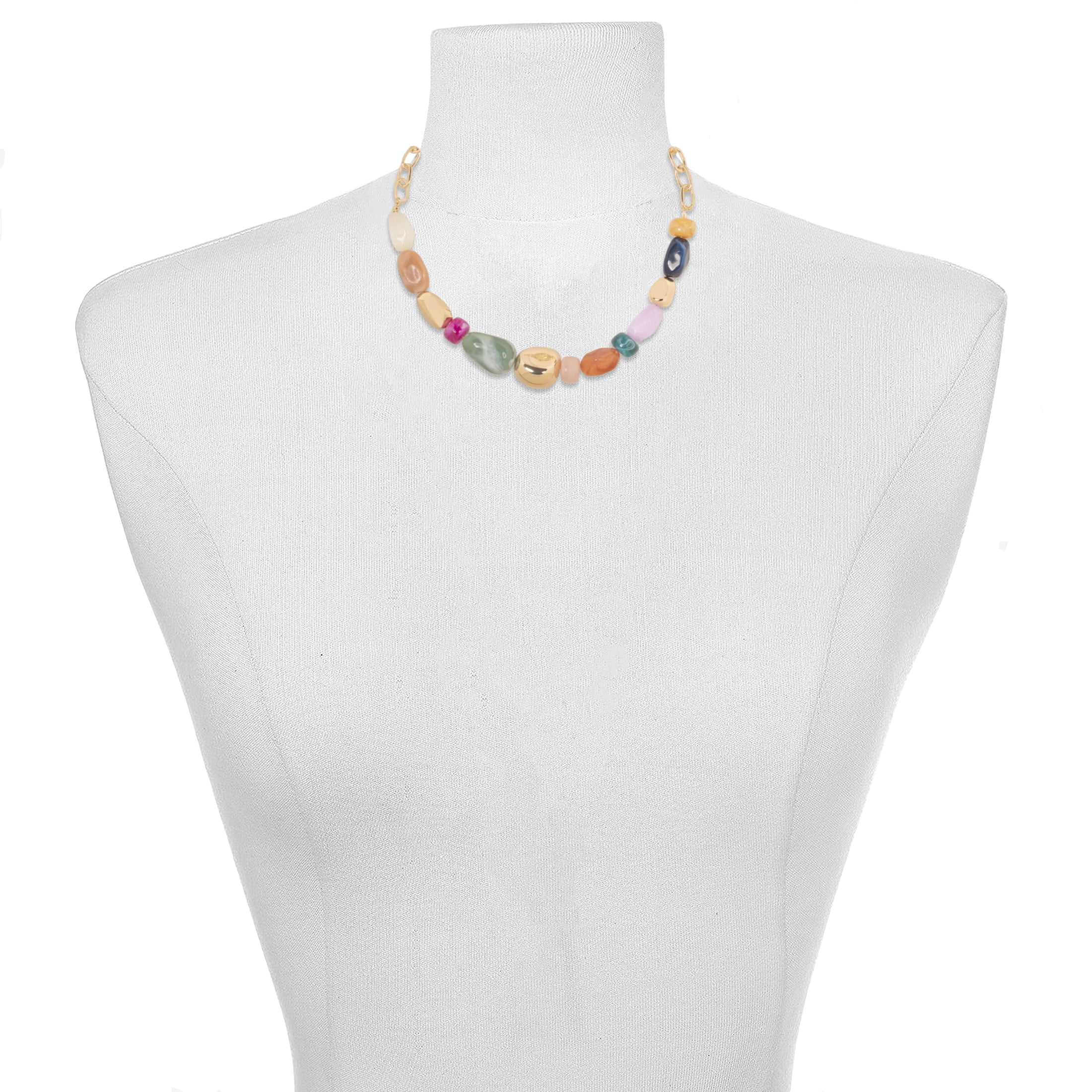 Time and Tru Women's Gold Tone Statement Necklace with Colorful Beads and Chain Detail