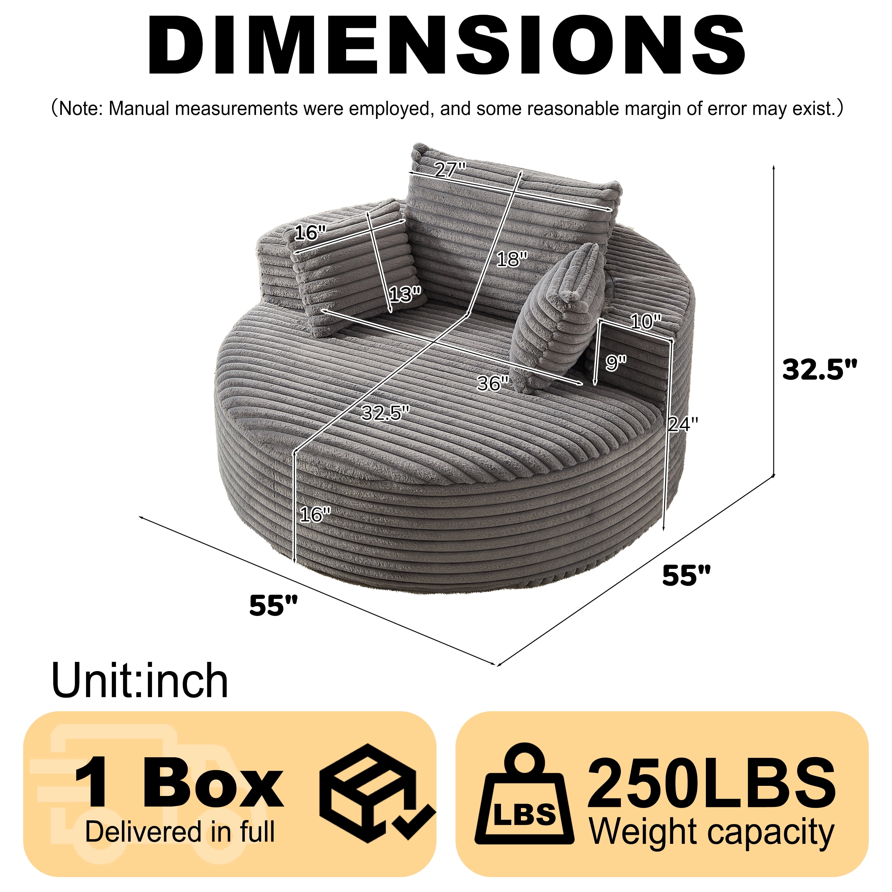 Single Sofa 55 Inch, Corduroy Fluffy Lounge Chair for Living Room and Bedroom, Modern Sleeper Chair for Lounge and Projection Room, No Assembly Required, Gray