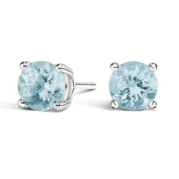 14k White Gold 4mm Round Plated Blue Aquamarine Stud Earrings by Paris Jewelry