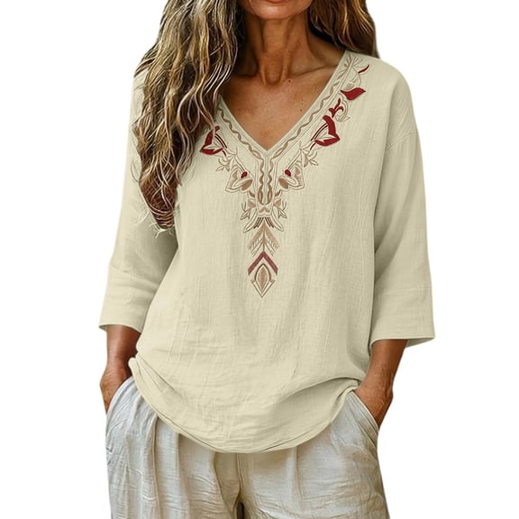GZWYHT Embroidered Linen Tops for Women Gauze Cotton Blouse Muslin Shirt Women Linen Tunic Tops Gauze Tunic Shirts for Women Linen 3/4 Sleeve Tops Beige L