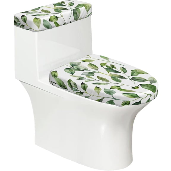 Toilet Lid Cover Set Of 2 Soft Stretchy Toilet Tank And Lid Cover For Most Toilets Great Gift For Housewarming Watercolor Light Green Leaves (1)