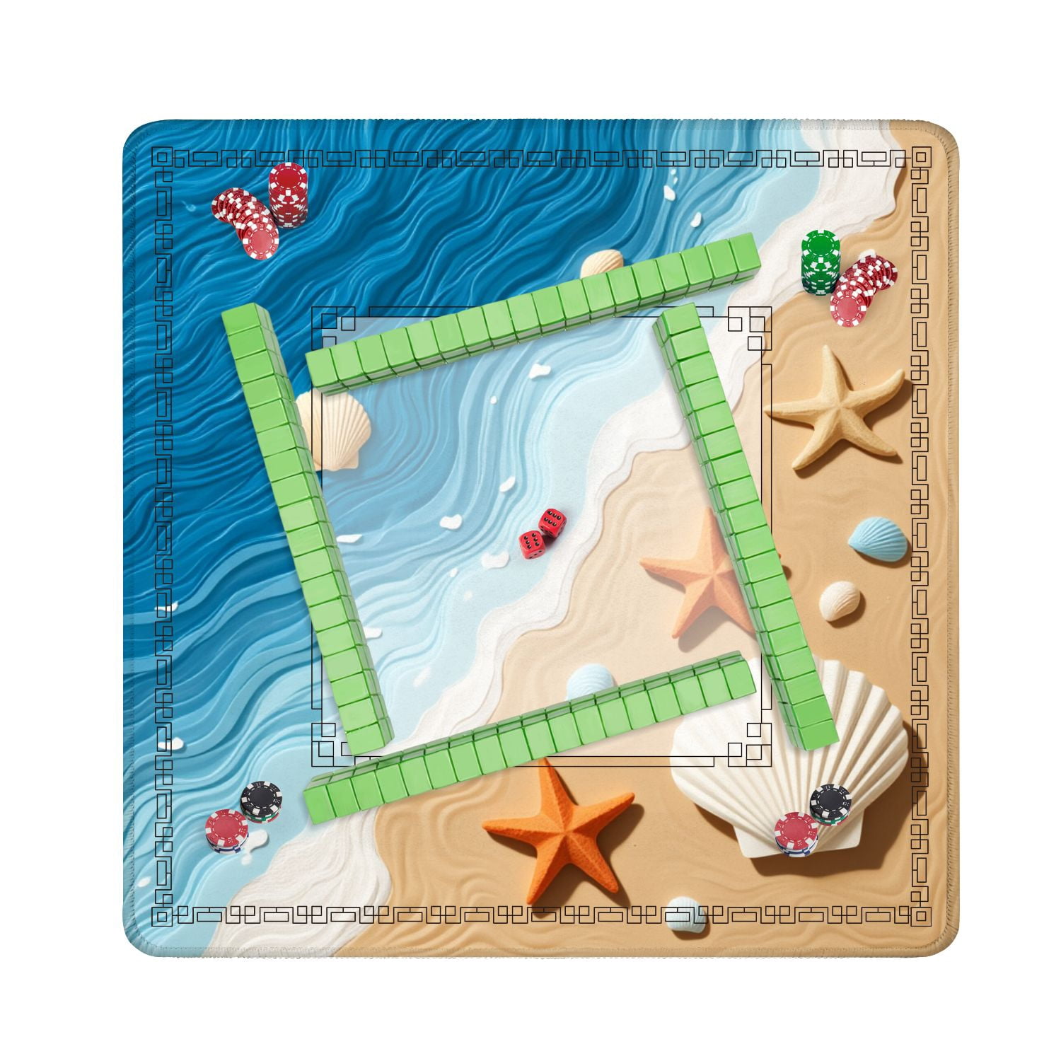 Mahjong Mat 31.5" x 31.5" Beach Starfish Seashells Layered Ocean Waves Non-Slip Noise Reduction American Mahjong Tiles Table Cover for Dominoes Poker Card Board Games Gift