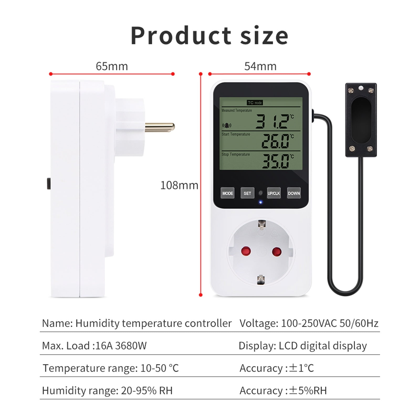Digital Temperature Humidity Controller LCD Display Thermostat Timer Socket Heating Cooling Alarm
