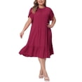 thumbnail image 2 of GRACE & GRANDEUR Women's Plus Size Rayon Midi Dress Solid Color Petal Sleeve Ruffled HemA-Line Swing Dress with Tie Back 4X Burgundy, 2 of 6