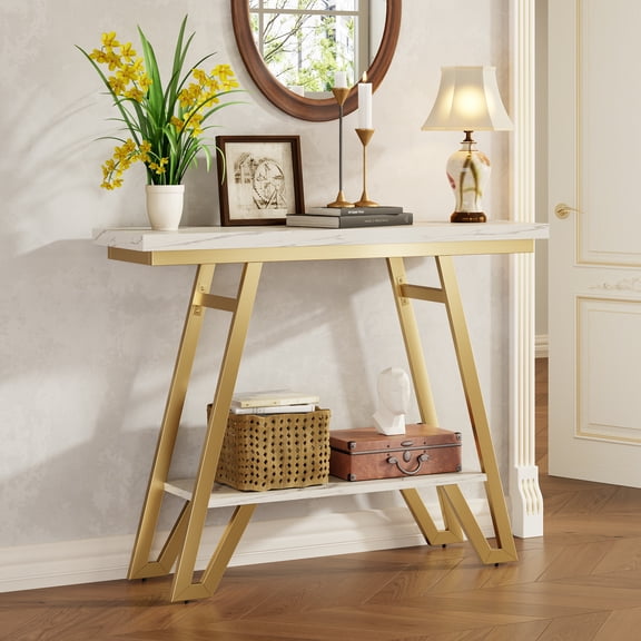 Marble Finish Console Table with Open Shelves - Narrow, Space-Saving for Entryway, Behind Couch & Hallway. Storage & Easy Assembly Included.