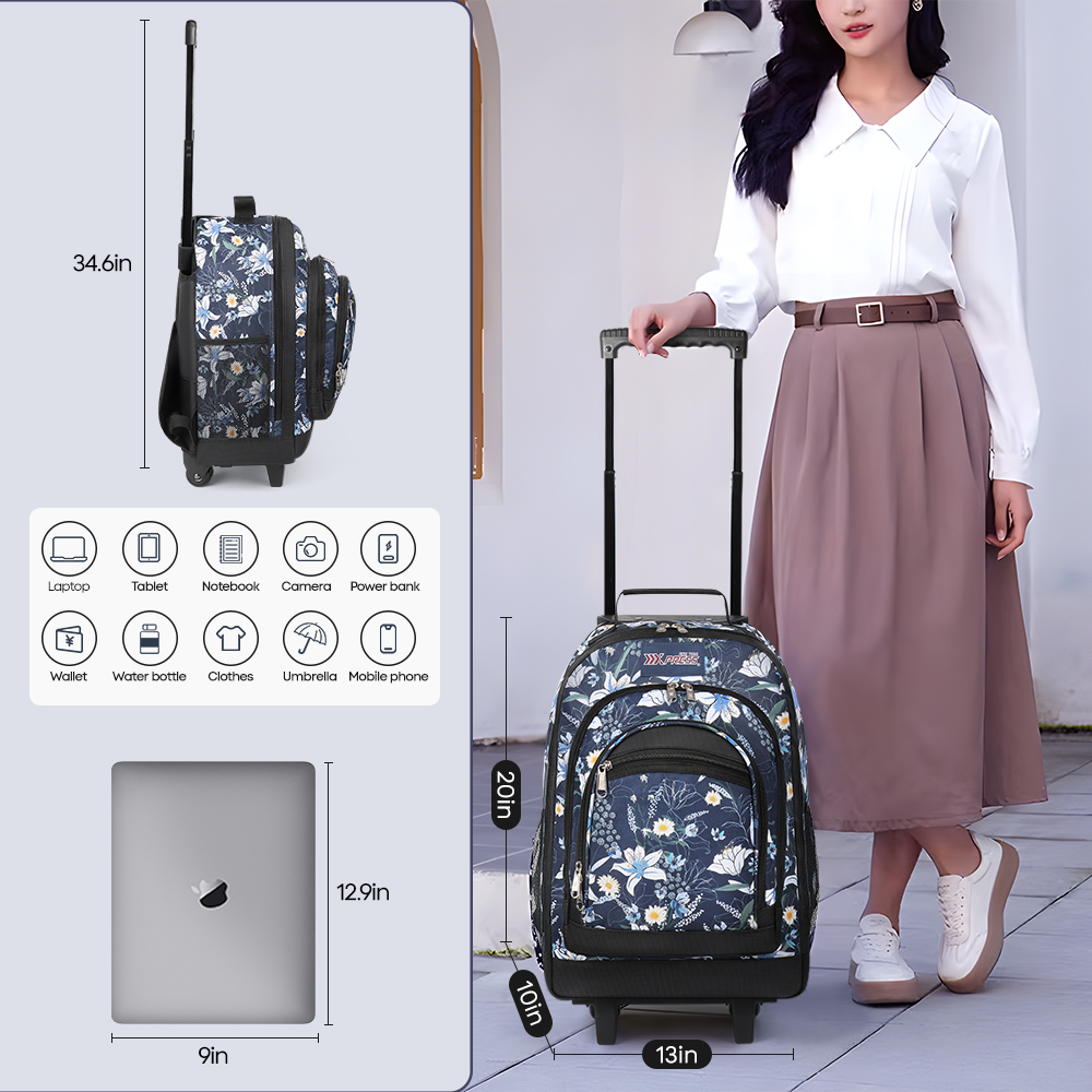20" Rolling Backpack for Women Men,2 in 1 Carry On Travel Backpack with Wheels & Telescopic Handle for Work, Weekend, School & Short Trips, Blue Lilies, JH2561