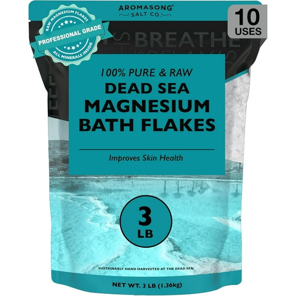 Aromasong Raw Magnesium Dead Sea Bath Salt Flakes 3 lb. Resealable Bulk Pack