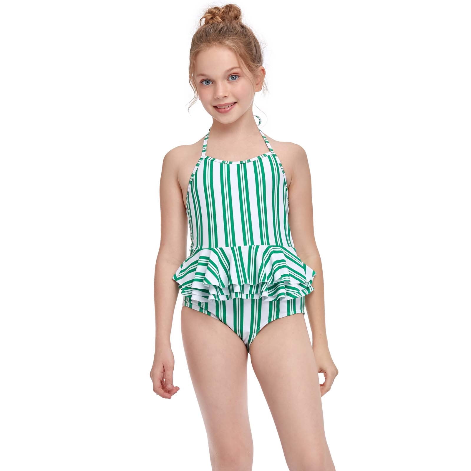 Limited Too Girls' Bold Striped Two-Piece Swimsuit With Mesh Detail & Palm Tree Print