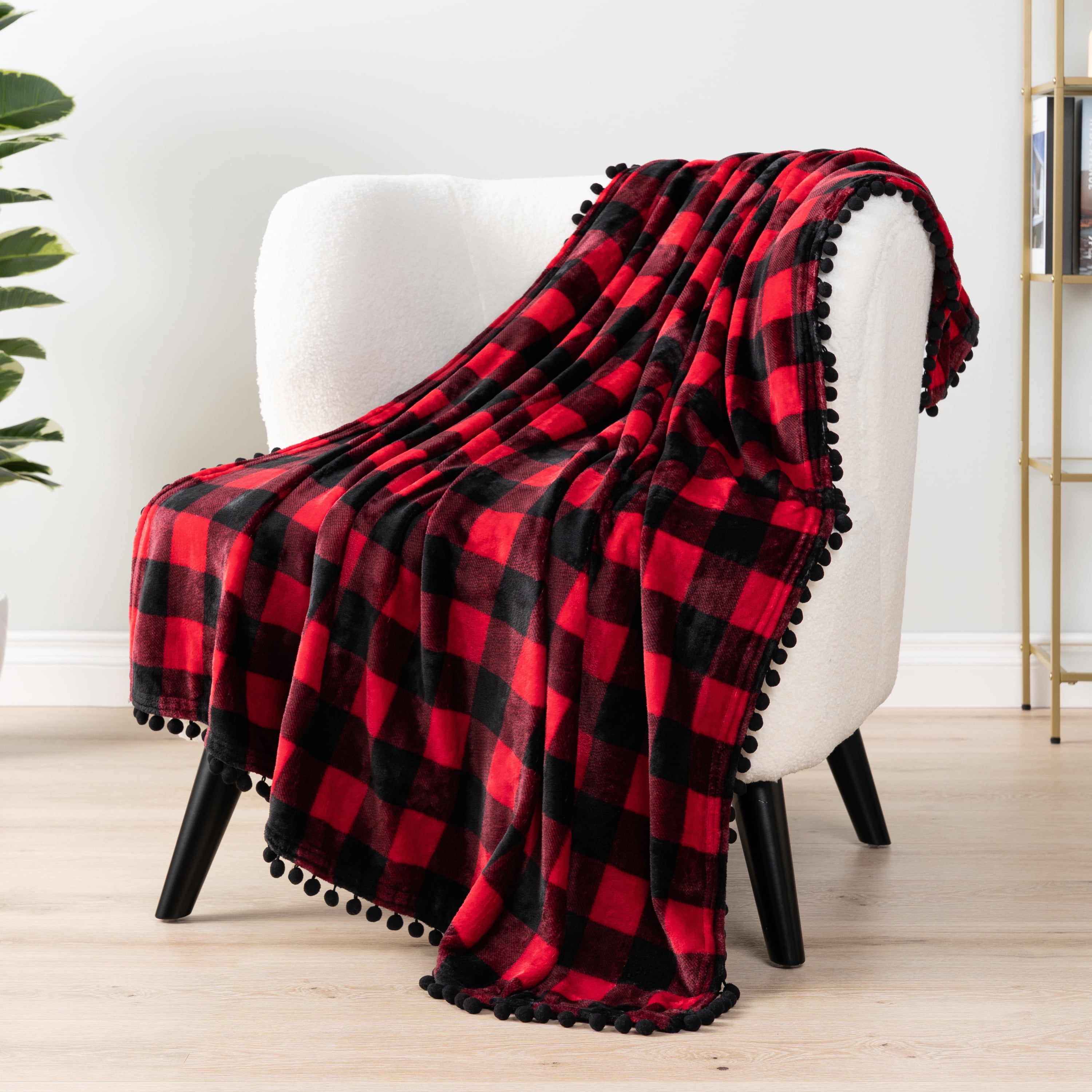 PAVILIA Black Red Fleece Throw Blanket for Couch with Pom Pom Fringe, Buffalo Checkered Plaid, Soft Cozy Fuzzy Flannel Blanket for Sofa Bed, Large Lightweight Plush All Season Throw, 60x80 Inches