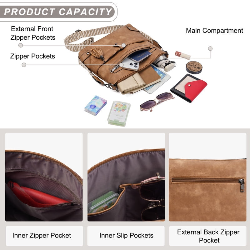 GAEKEAO Large Crossbody Bags for Women Multi Pocket Leather Crossbody Purse Designer Shoulder Bag Adjustable Strap Everyday Travel Handbag