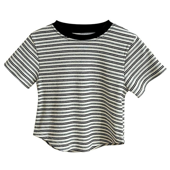 Mgmyaa Girls' Summer Revivalism Casual Striped Color Blocked Short Sleeved T-shirt