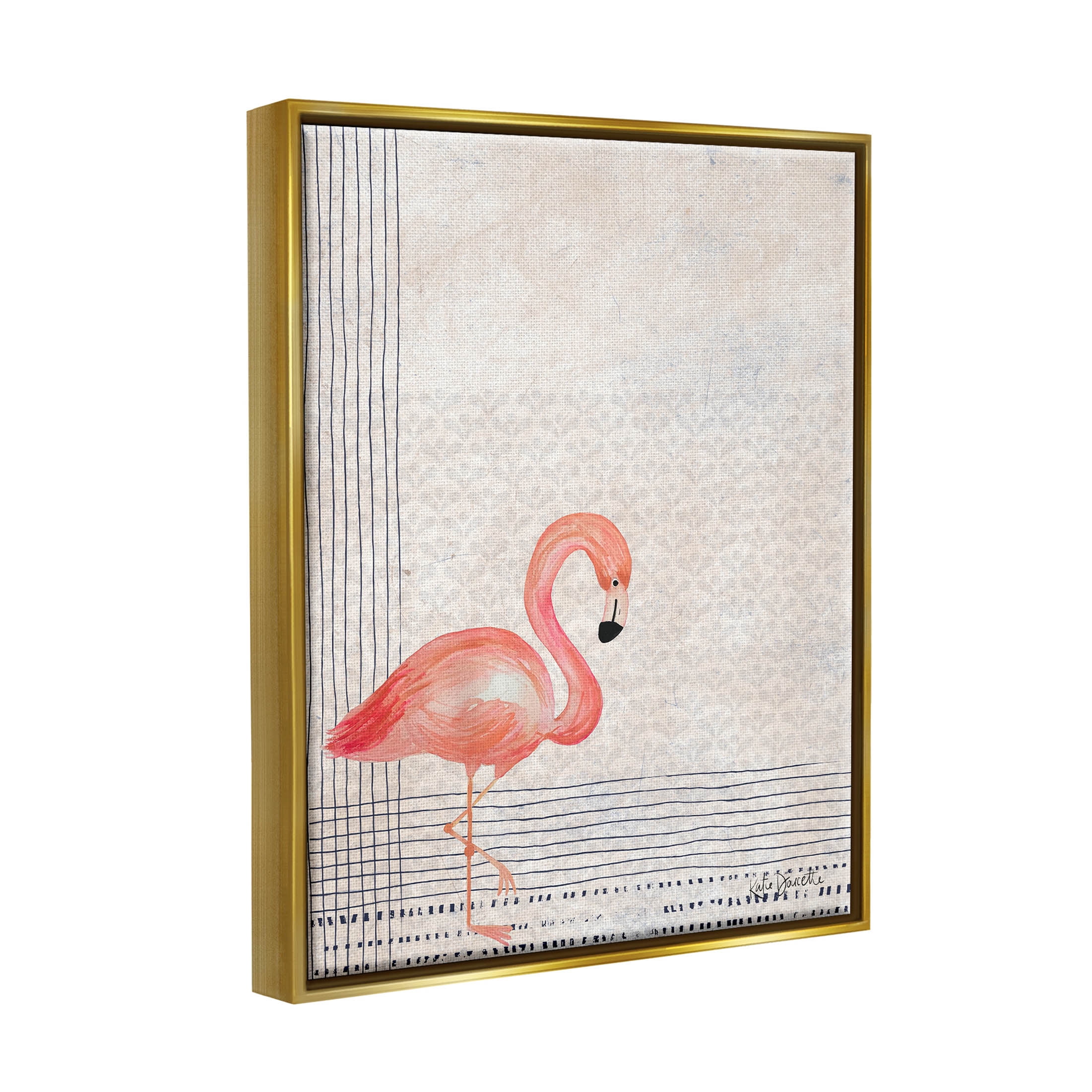 Stupell Industries Patterned Flamingo Bird Layered Stripes Graphic Art Metallic Gold Floating Framed Canvas Print Wall Art, Design by Katie Doucette