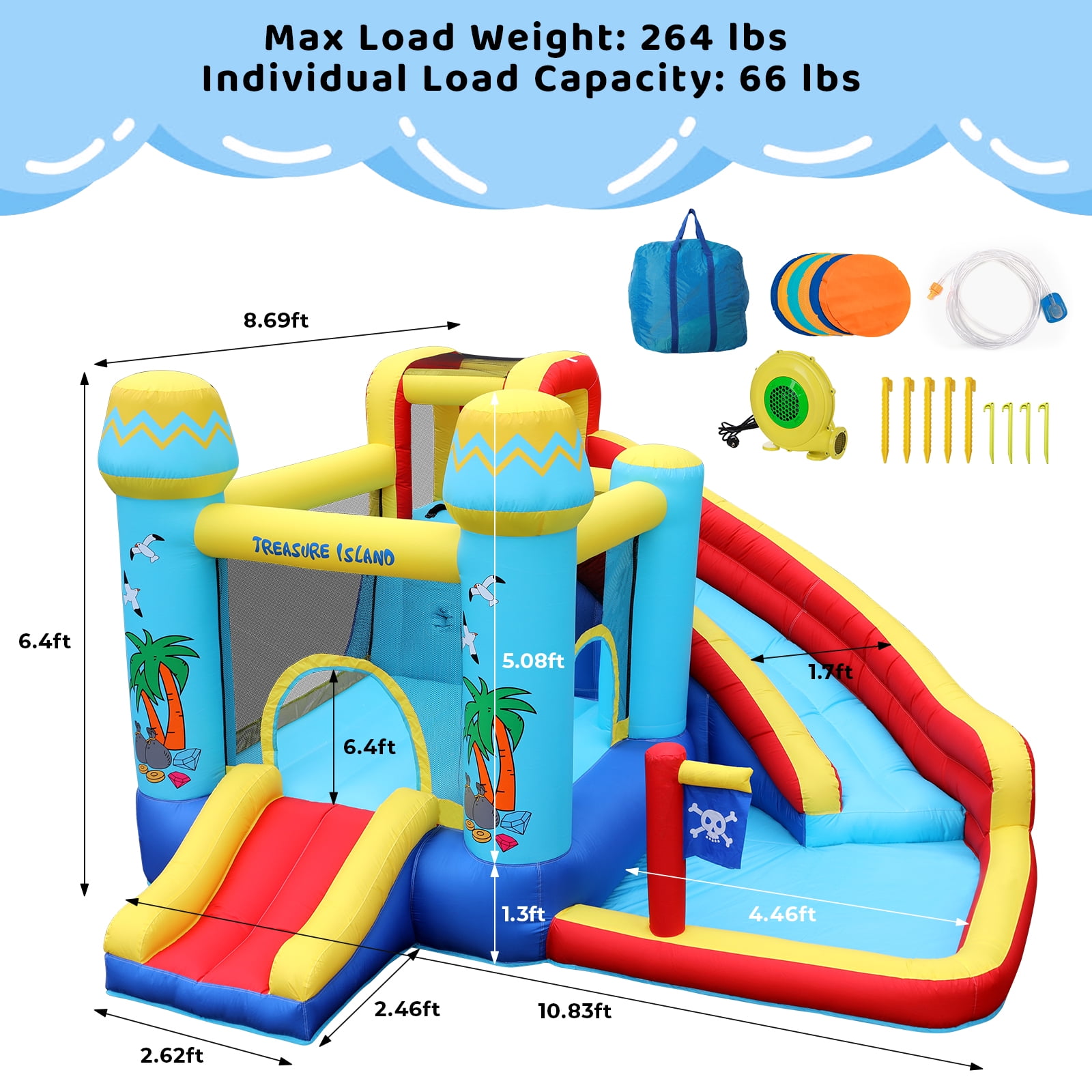 Pirecart Inflatable Bounce House, Inflatable Water Slide for Kids with Splash Pool, Bouncing Area, Climbing Wall and 450W Blower