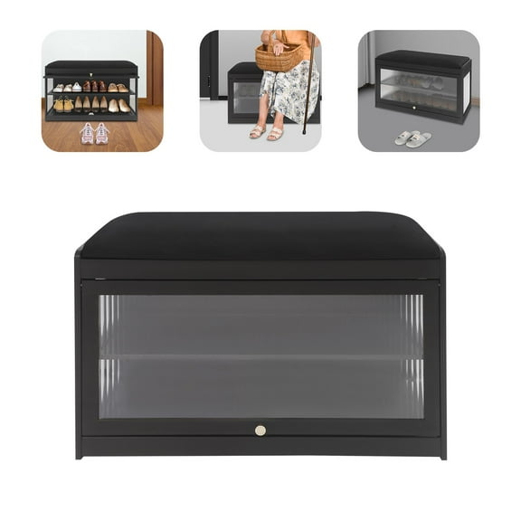 70cm 2-Tier Acrylic Entryway Shoe Bench Shoe Rack Bench with Cushion Shoe Rack Bench Black