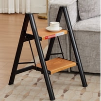 2-Step Foldable Ladder, 330lbs Capacity Lightweight Aluminum Step Stool with Anti-Slip Wide Pedal for Household, Kitchen, Office, Woodgrain