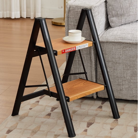 2-Step Foldable Ladder, 330lbs Capacity Lightweight Aluminum Step Stool with Anti-Slip Wide Pedal for Household, Kitchen, Office, Woodgrain