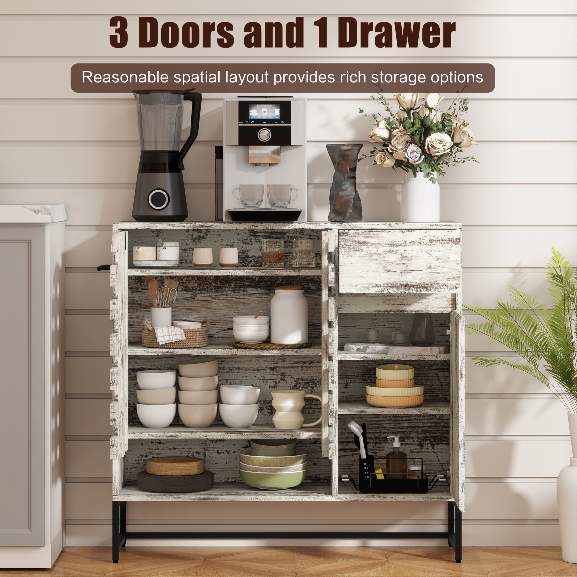 Leumius 44.3"Farmhouse Sideboard Cabinet with Storage,Coffee Bar Console Table With Storage,Rustic Storage Cabinet with Arched Lattice Doors and Drawer for Living Room Kitchen Entryway Retro White