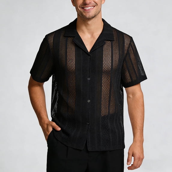 LIIPEE Men Shirts Casual Solid Color Short Sleeve Lapel Button Down Fashion Mesh Shirts Spring Summer Outdoor Male Loose Fit Lightweight Comfortable Breathable Soft Shirts,XXL