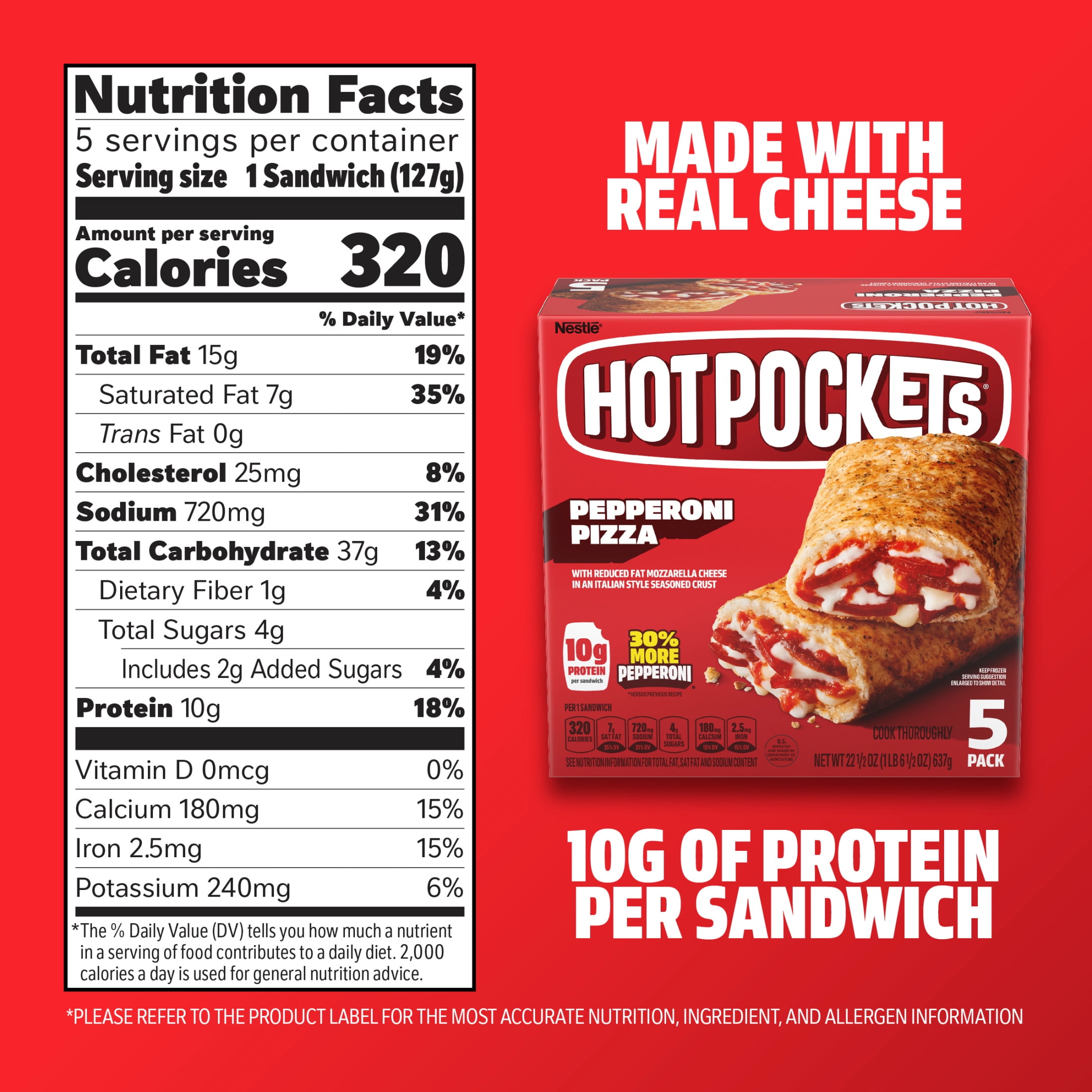 Hot Pockets Frozen Snacks Pepperoni Pizza Crispy Italian Style Crust Snacks, 22.5 oz, 5 Count Box  (Frozen)