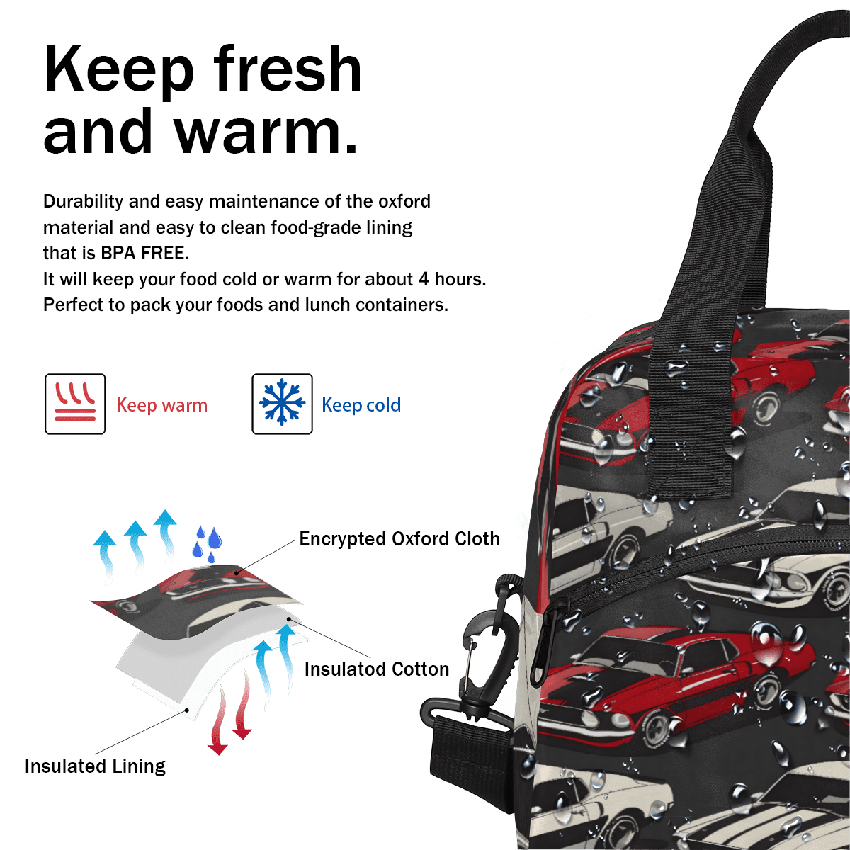 Herdesigns Cool Cars Insulated Lunch Bag for Women Men Adults Large Reusable Lunch Box Leakproof Portable Cooler Tote Bags with Adjustable Shoulder Strap