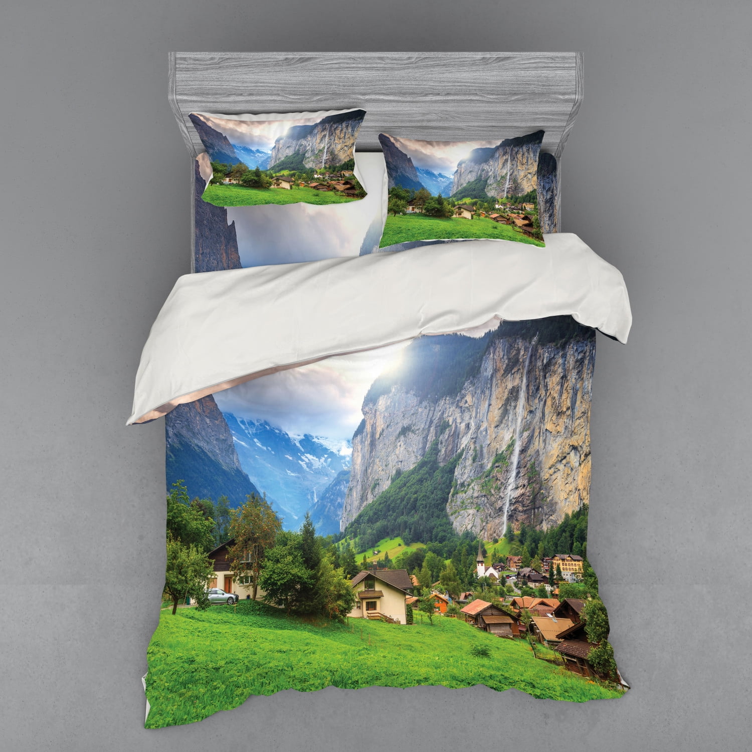 European Duvet Cover Set, Green Fields Touristic Town Lauterbrunnen
