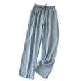 thumbnail image 3 of DDAPJ pyju Womens Cotton Gauze Pants Drawstring High Waisted Wide Leg Palazzo Pants Comfy Baggy Lounge Beach Trousers with Pockets Blue M, 3 of 7