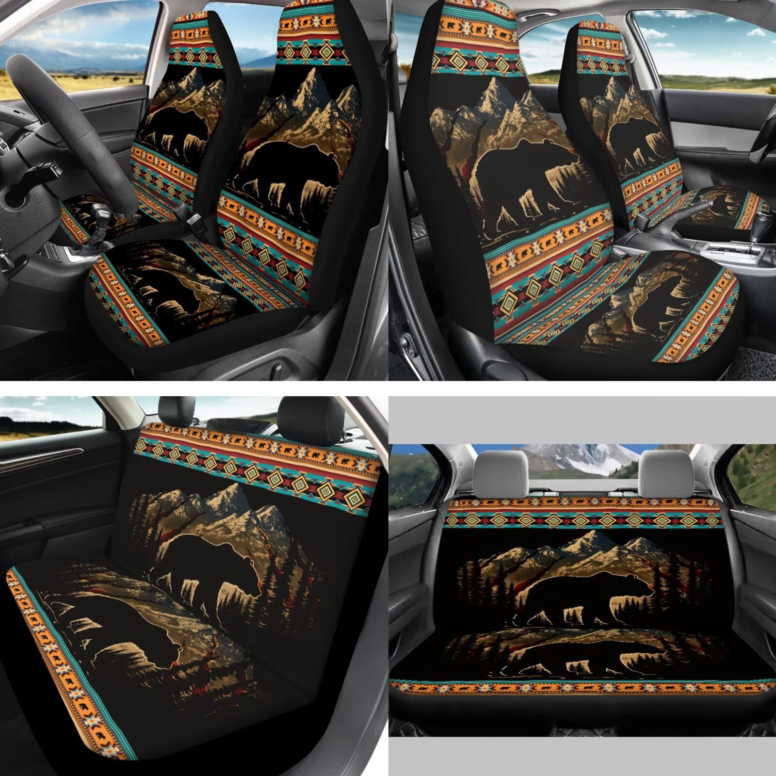 Jeiento 13 Pack Car Seat Cover Set for Front and Rear, Auto Interior Accessories Full Set for Women Men Southwest Aztec Bear Car Seat Protective Covers Fits for Cars, SUV, Truck, Sedan, Van
