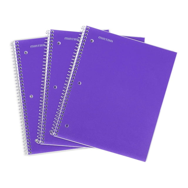 Mintra Office Durable Spiral Notebooks, 1 Subject, (Purple, Wide Ruled 3 Pack), 100 Sheets, Poly Pocket, Moisture Resistant Cover, Strong Chipboard back, For School, Office, Business,