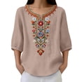 thumbnail image 4 of Favoffer Women's Washed Crinkle Linen Blend Shirt Boho Plus Size Embroidered Tunic 3/4 Sleeve V Neck Loose Peasant Top Elegant Summer Daily Travel Party Blouse, 4 of 7