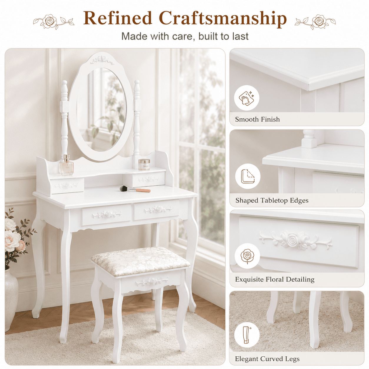 Ktaxon Elegance White Dressing Table Vanity Table and Stool Set