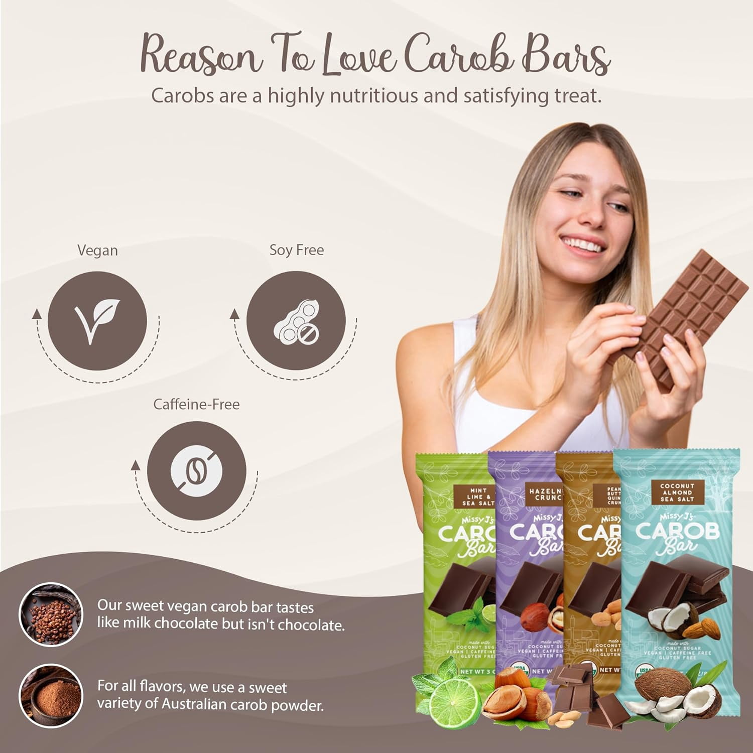 Missy J's Organic Carob Bars Variety Vegan & Gluten-Free Snacks with Coconut Sugar Healthy Desserts