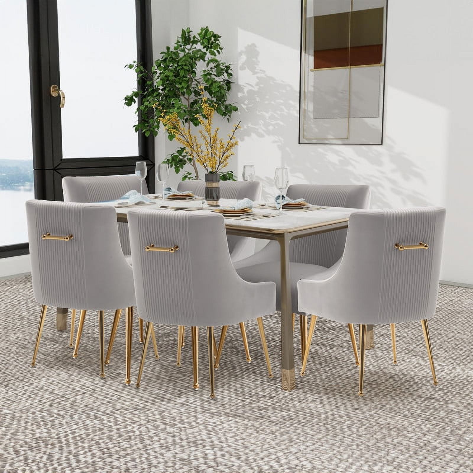 SEYNAR Modern Velvet Dining Chairs Set of 6, Upholstered Barrel Pleated Side Accent Chair for Bedroom,Living Room（Grey）