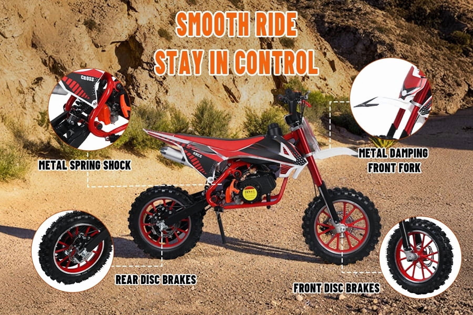 Korogimeeet Gas Powered Red Mini Dirt Bike 49cc 2-Stroke, EPA Certified Engine, Plastic Fuel Tank Lightweight, 25MPH Max Speed, 10+ Miles Range, 180lbs, 51 x 33 x 22 Inch