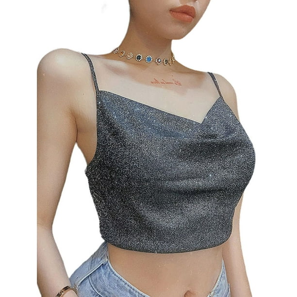 SUNSIOM Women Summer Crop Top Shiny Spaghetti Straps Form Fitting