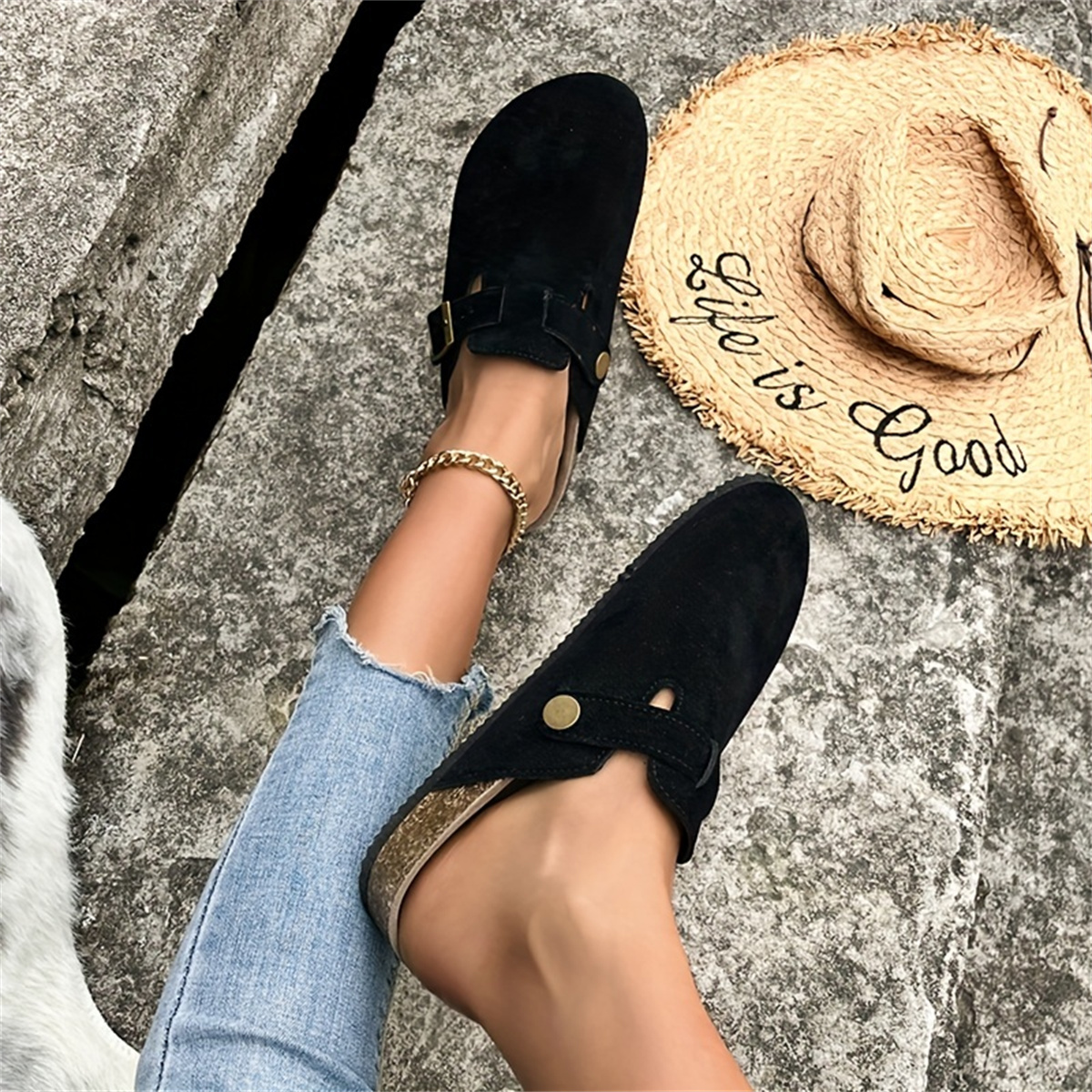 Women's Solid Color Mules, Slip On Round Toe Buckle Decor