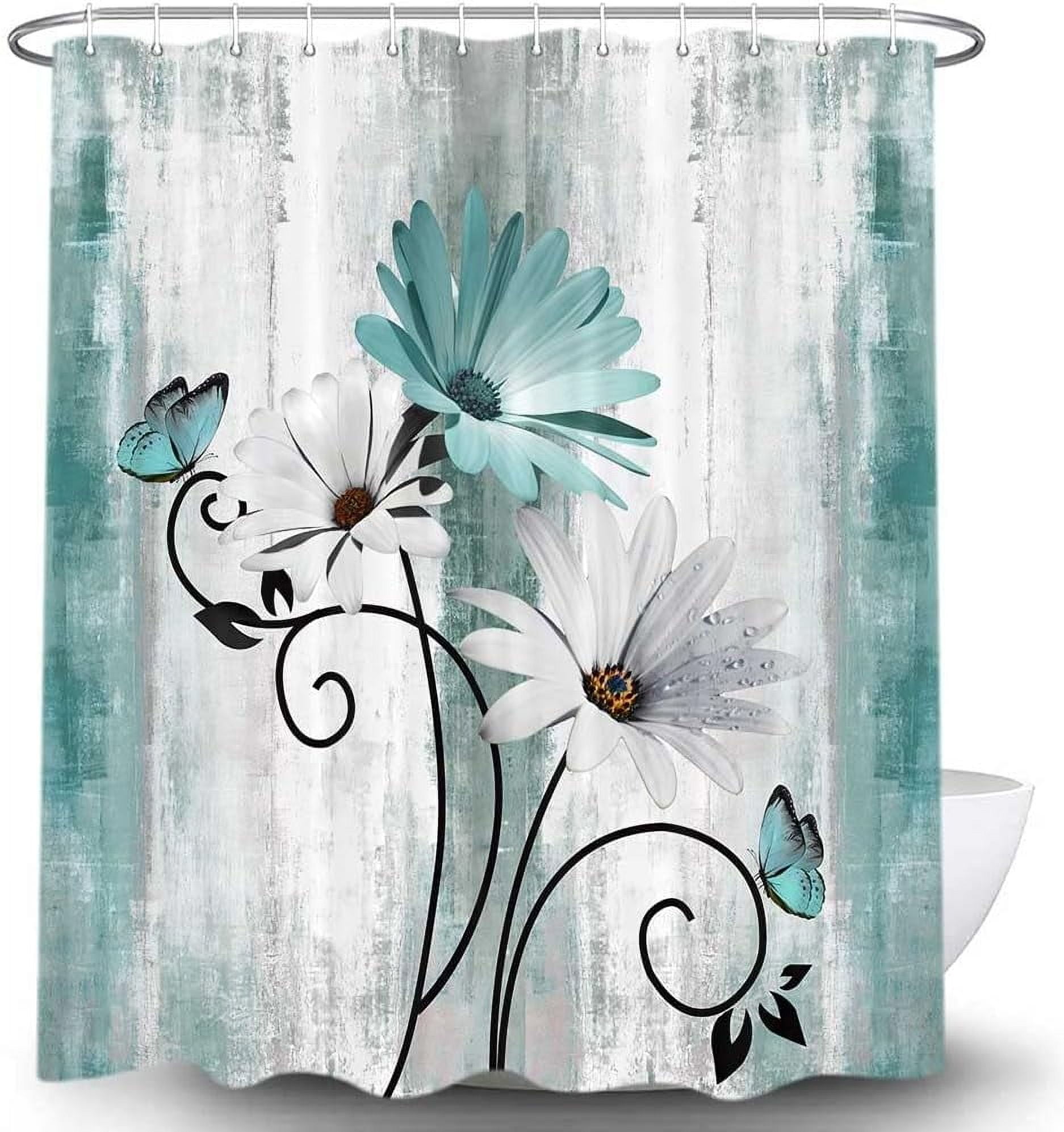 Rustic Farmhouse Shower Curtain, Farm Teal Daisy Floral Flowers and Butterfly on Country Wooden Shower Curtain for Bathroom, Turquoise Blue with 12PCS Hooks, 72X72IN
