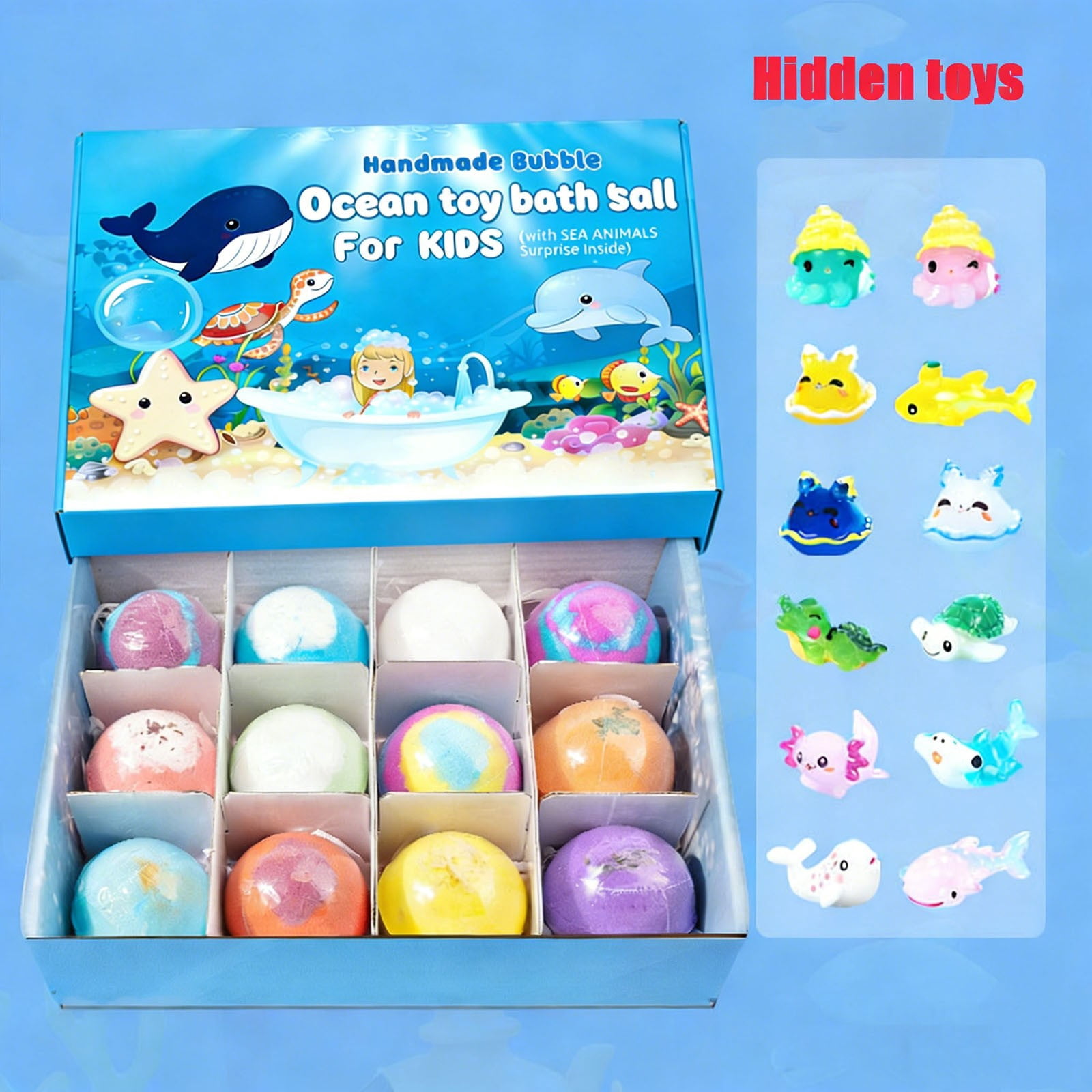 12PCs Ocean Theme Bath Bombs Box Set,Natural Mega Bubble with Surprise Toy Inside,Essential Oil Bubble for Women,Mother Birthday Gifts Inside,Fun Bubble Set,Ideal Stuffers For Family