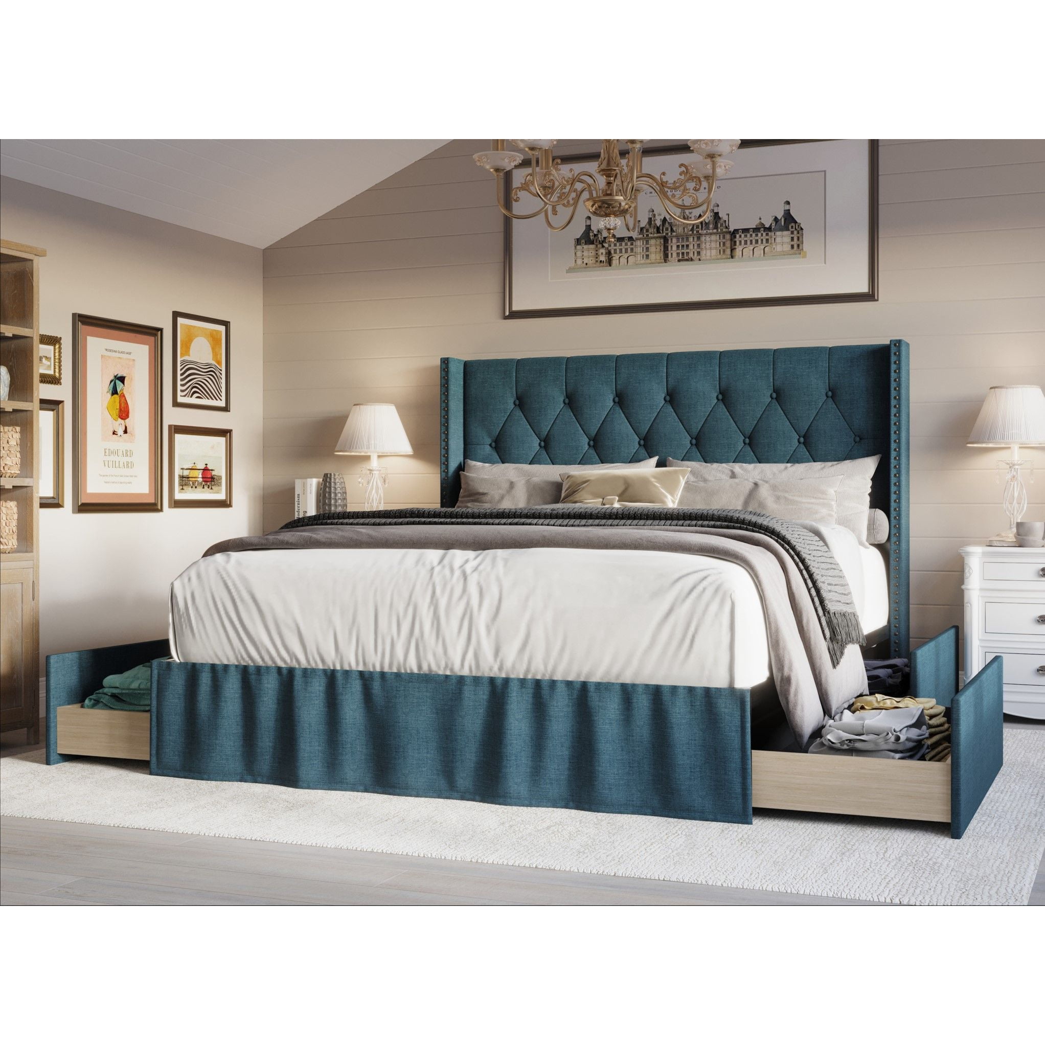 Home Design Andrea Full Upholstered Storage Panel Bed Frame, Button Tufted Linen Wingback Headboard, Denim Blue – Modern Adult Bedroom Furniture
