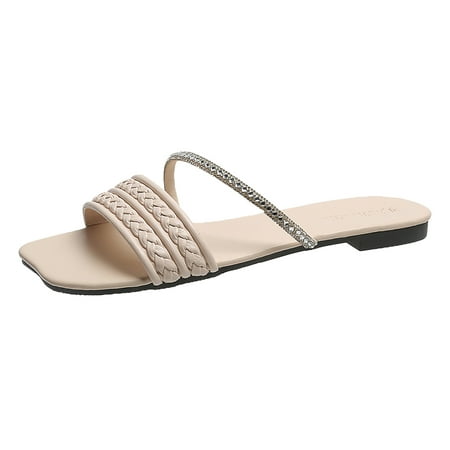 

Sehao Women Flat Rhinestone Slippers Open Toe Sandals Girls Sandals Flat Strap Casual Home Sandals Slippers Beach Slippers PU Beige