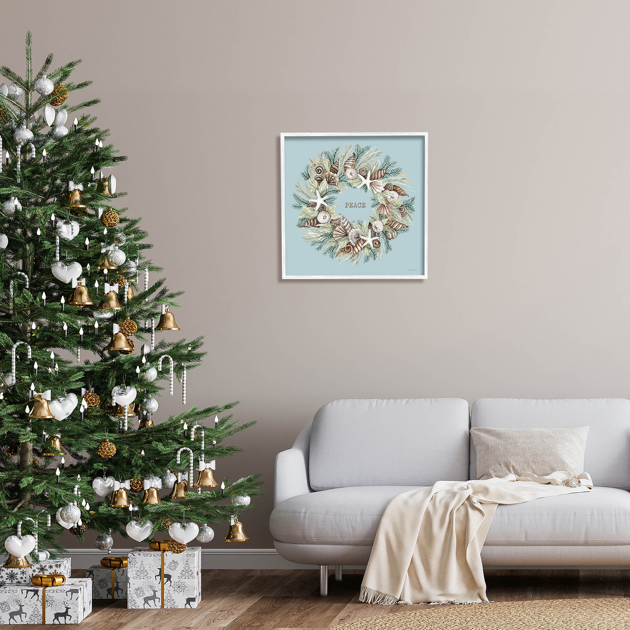 Coastal Holiday Peace Wreath Holiday Graphic Art White Framed Art Print Wall Art