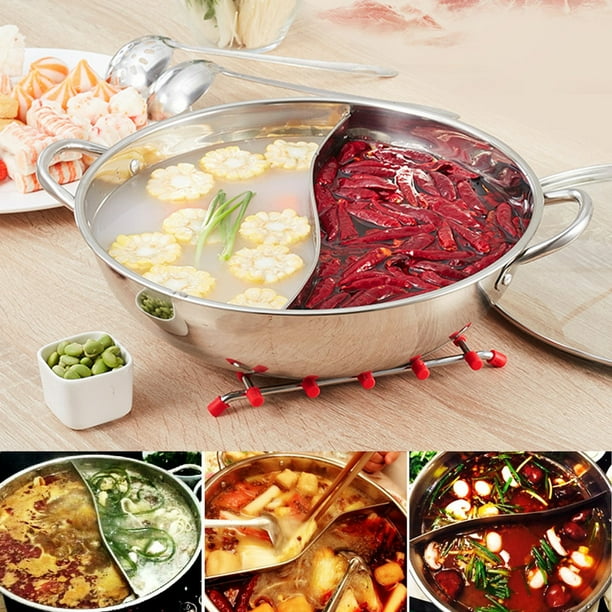 LP Living Plus Dual Sided Stainless Steel Shabu Shabu Hot Pot with Glass Lid, 30cm