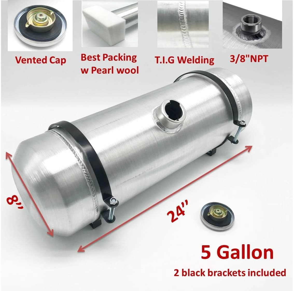 JSD AUTO PARTS Aluminum Fuel Tank 5 Gallon gals 8x24" 3/8" NPT Outlet Center Fill Gas Tank