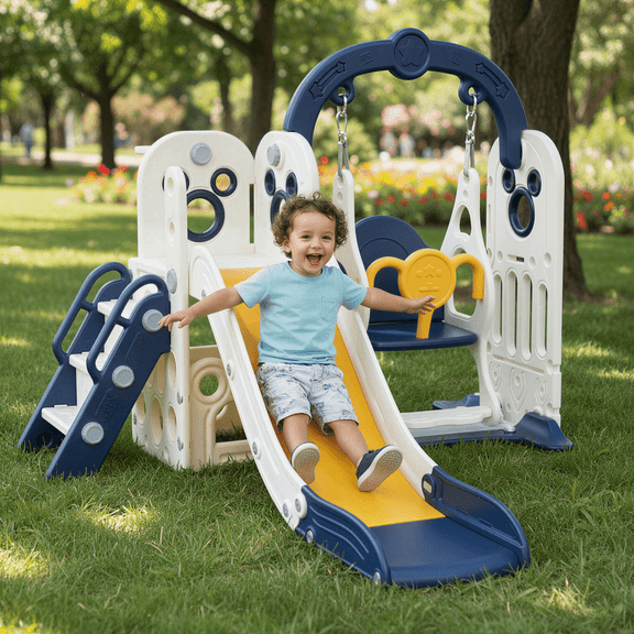 TLSUNNY 5-in-1 Kids Slide and Swing Set, Toddlers Slide & Climber with Basketball Hoop and Storage, for Indoor, Outdoor, Playground,Backyard