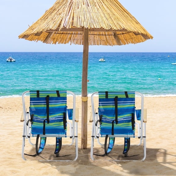 Backpack Beach Chairs Set of 2 for Adults, Lightweight Portable Folding Beach Chairs with Backpack Straps and Armrests, 4-Position Adjustable for Outdoor Camping, Blue & Green Stripes